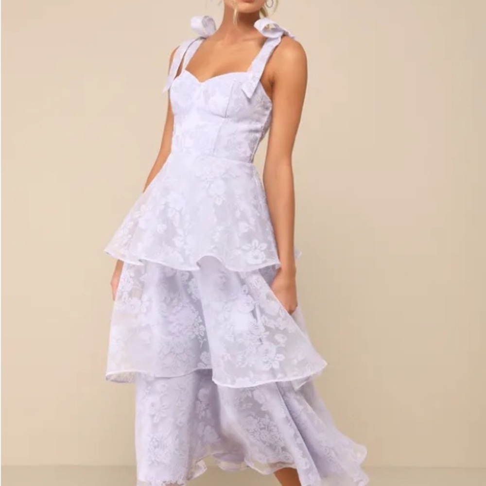 Tie-Shoulder Lavender Tiered Lace Midi Dress